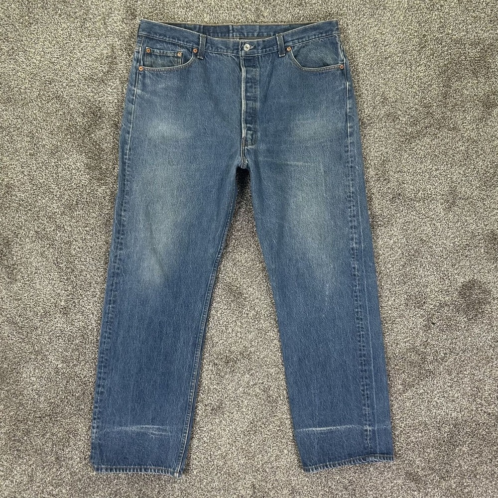 Levis 501XX Vintage Blue Denim Jeans Mens 44x34 USA Made Button Fly Straight Leg